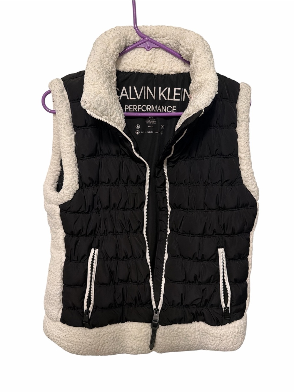 Calvin Klein Black Puffer Vest with Cream Sherpa Trim